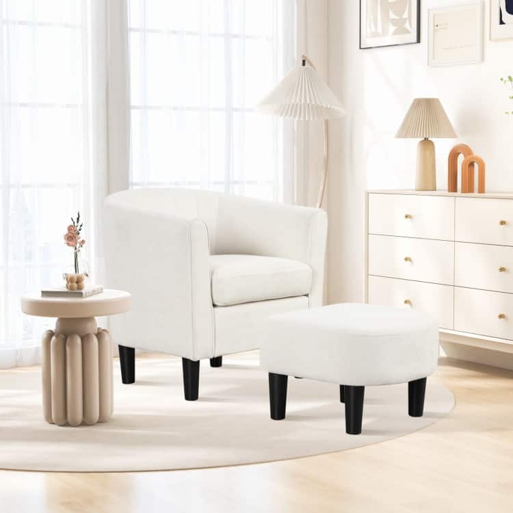 Modern Velvet Barrel Armrest Lounge Chair with Ottoman and Washable Cushion for Bedroom or Living Room
