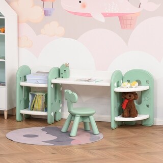 Qaba Kids Table and Chair Set, Storage Desk with Bookshelf for Study, Crafts, and Homeschooling