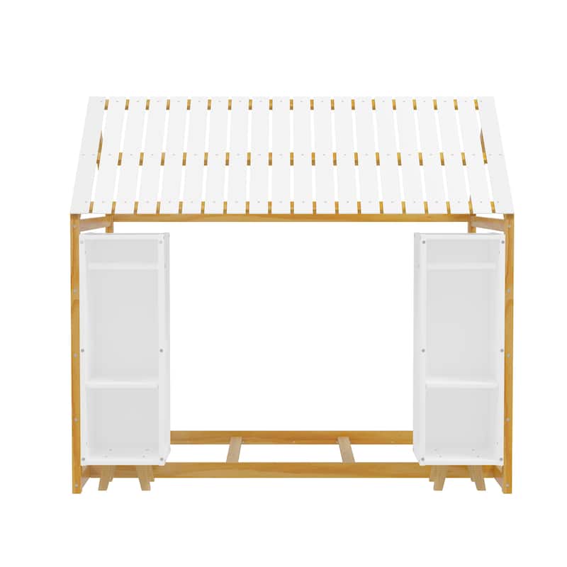 Wooden Slat Roof House Bed Kids Floor Bed Frame with 2 Movable Wardrobes, Panel Bed with Fence and Roof
