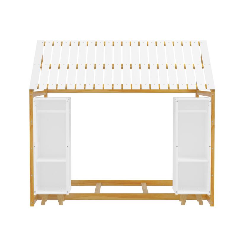 Wooden Twin Size House Bed with 2 Movable Wardrobes, Solid Pine Kids Floor Bed Frame with Fence and Roof, No Box Spring Needed
