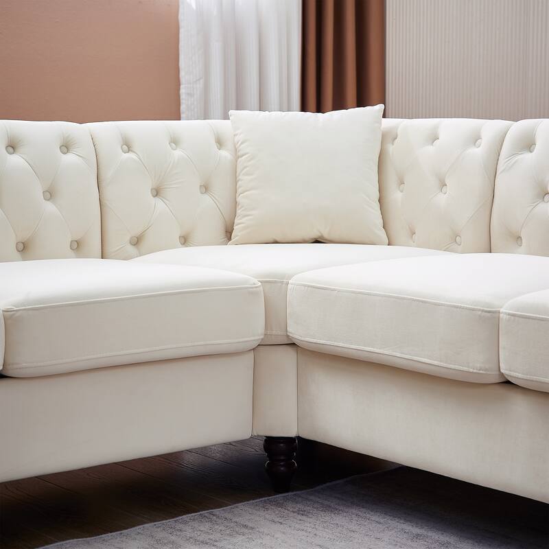 L-shape Corner Sectional Sofa with Button Tufted Back and 3 Pillows