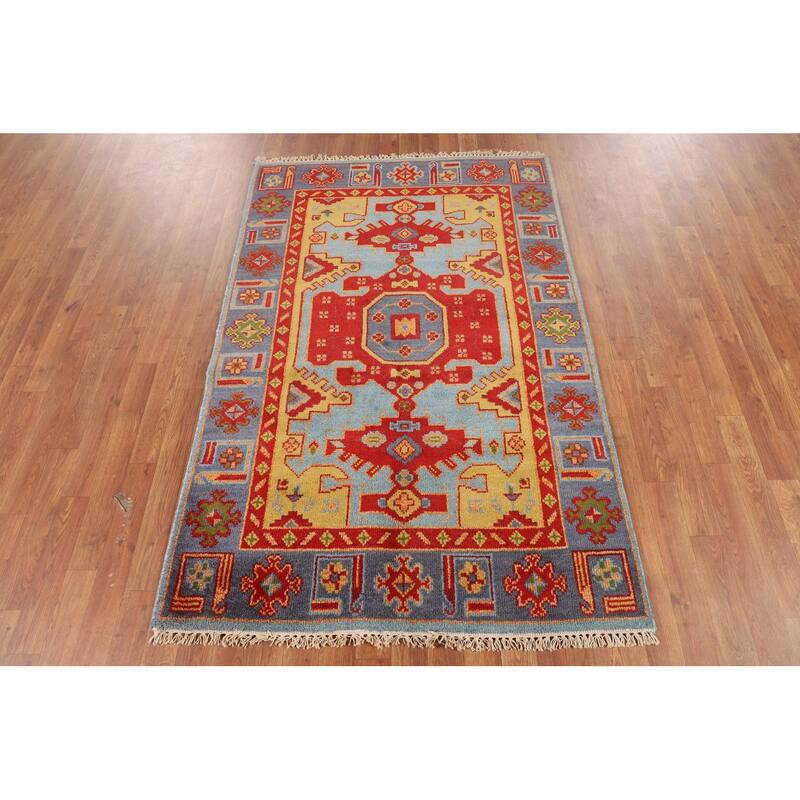 Geometric Kazak Oriental Foyer Rug Hand-Knotted Wool Carpet - 3'11"x 5'11"
