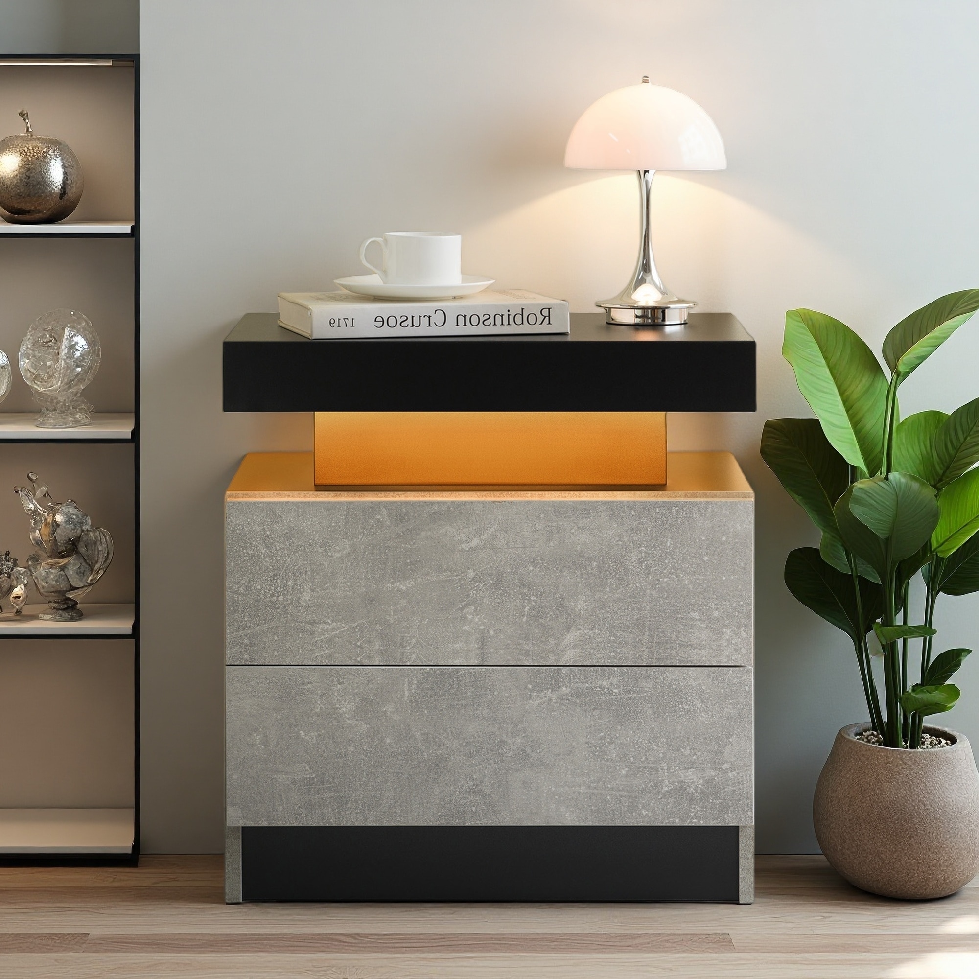 19.3"L Compact MDF Nightstand with Multi-Color LED Lights & 2 Drawers, Bedside Table End Side Cabinet for Bedroom & Living Room