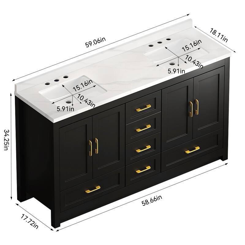 60" Black Bathroom Vanity Cabinet with 4 Soft-Close Doors and 5 Drawers, MDF Storage Vanity, Transitional Style