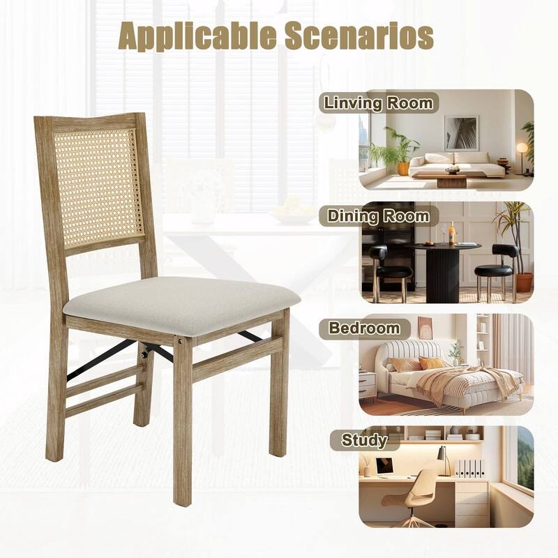 Scandinavian Woven Back Wooden Dining Chairs, Set of 2, Solid Wood Frame with Cushioned Seat