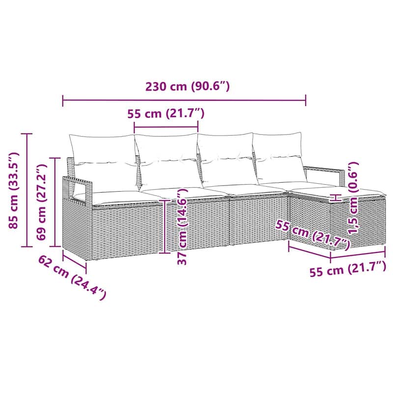 vidaXL 6 Garden Sofa Set with Cushions Black Poly Rattan - 90.6 x 46.1 x 27.2