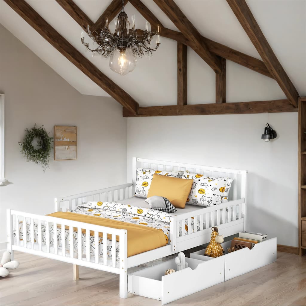 Full Size Wood Platform Bed with Guardrails and Two Drawers