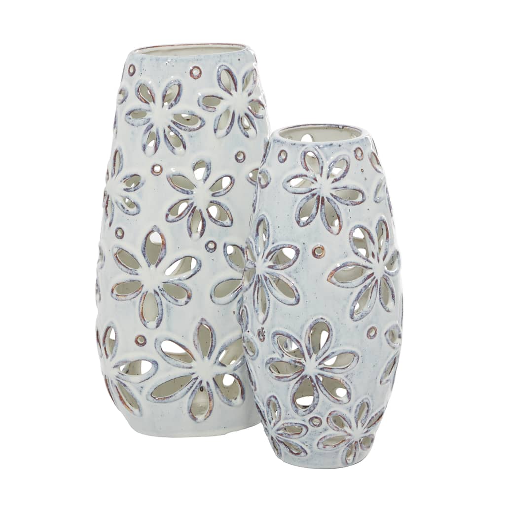 Ceramic Floral Handmade Daisy Cut Out Vase - Set of 2 White - Roche River Decor - 5"W x 7"L x 14"H
