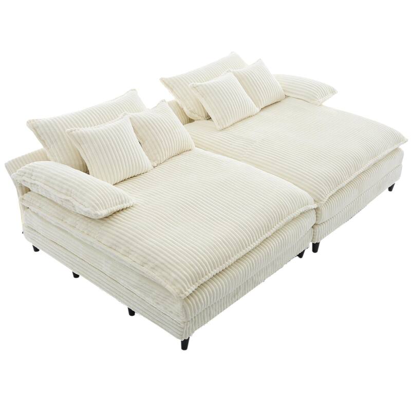 109" W Oversized Corduroy Lounge Chaise Sleeper Sofa 4 Pillows