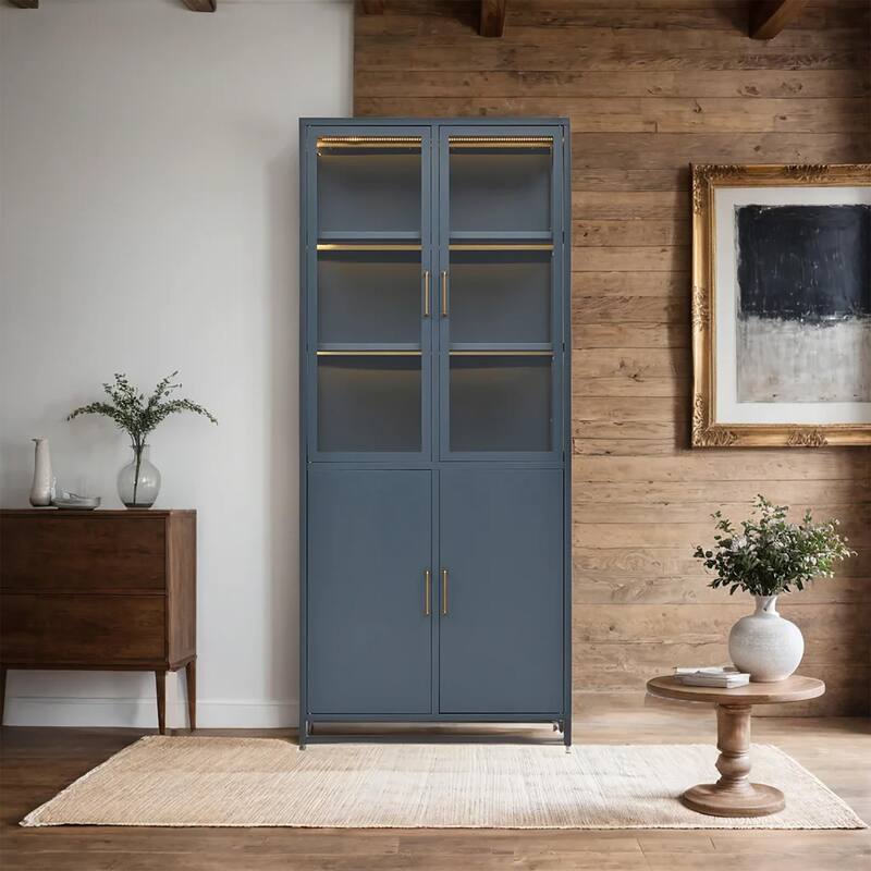76.75'' Tall Display Cabinet with Double Glass Doors and LED Lights Steel Curio Cabinet
