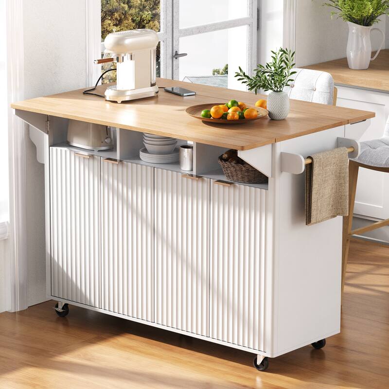 Roomfitters 55.5" Fluted Kitchen Island with Double Drop Leaf, Storage Cart with Power Outlet & Wood-grain Top - White