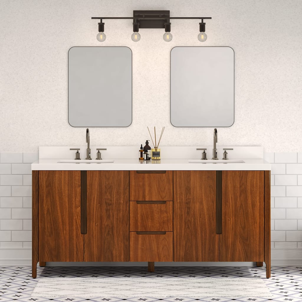 Sequoia 72 In. Double Sink Whitebrook Quartz Countertop Bath Vanity in Noir Juglans