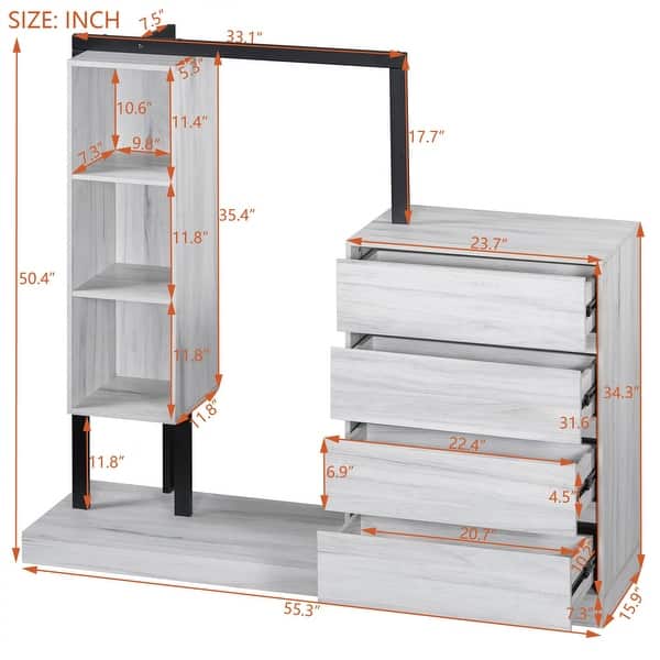 dimension image slide 2 of 3, Modern Wardrobe Closet with Drawers Shelves and Cabinets Storage Organizer - 55.30"L
