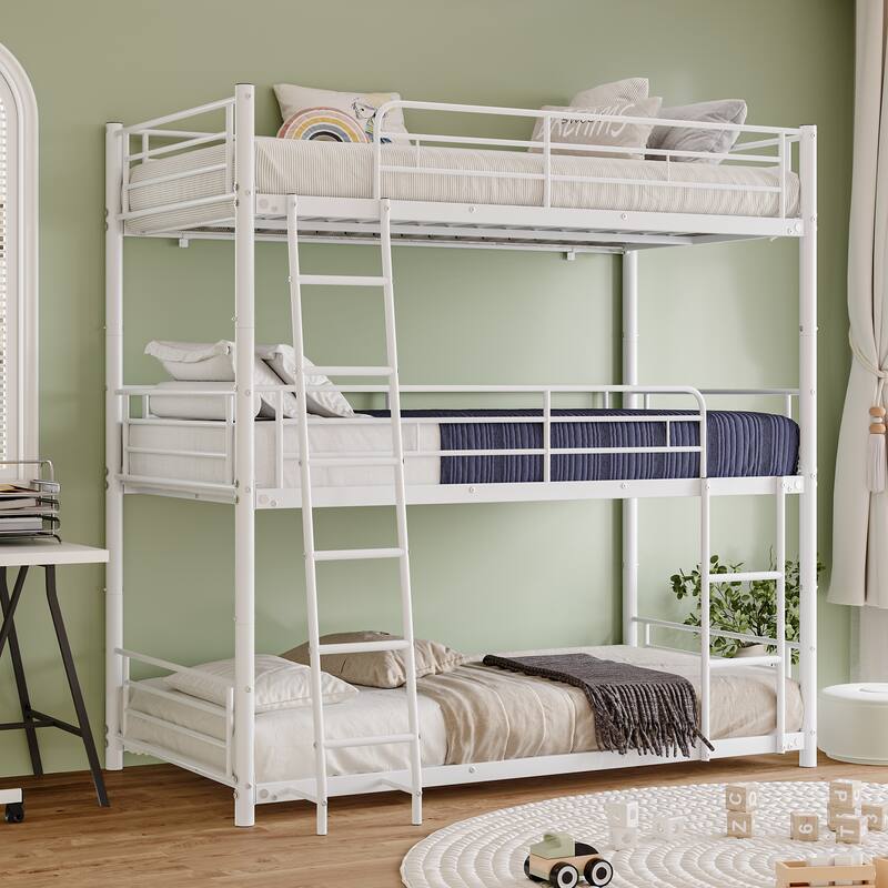 Heavy Duty Metal Triple Twin Bunk Bed with Guardrails, Ladder & Storage, Easy to Assemble