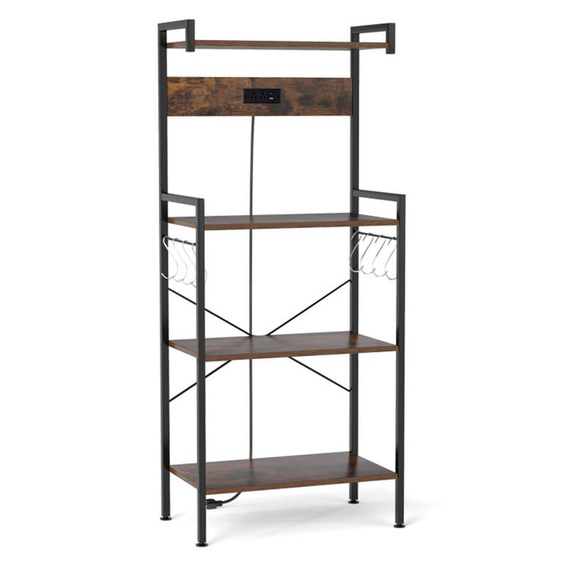 4-Tier Rustic Brown Kitchen Bakers Rack with Built-in Charging Station and Hooks Safety Rails - 23" × 13" × 54" (L x W x H)