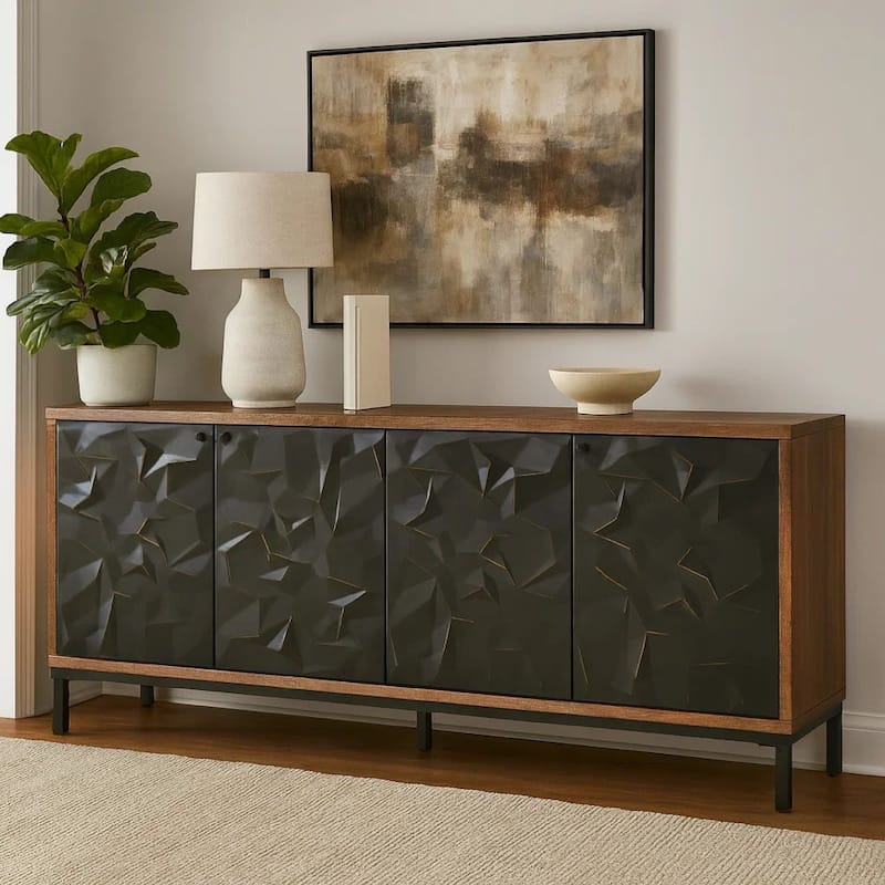 Anby Sideboard Console, 4 Doors, 2 Shelves, Black, Brown Wood 70 Inch