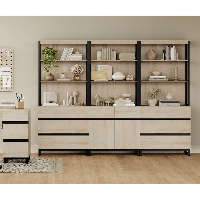 WAMPAT 3-Piece Modern 72" Tall Bookcase with 6 Drawers and Adjustable Shelves - Beige