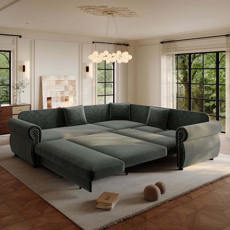 88.2" L-Shaped Sleeper Sectional Sofa with Pull-Out Bed - Chenille Convertible Couch, Nailhead Trim, for Living Room