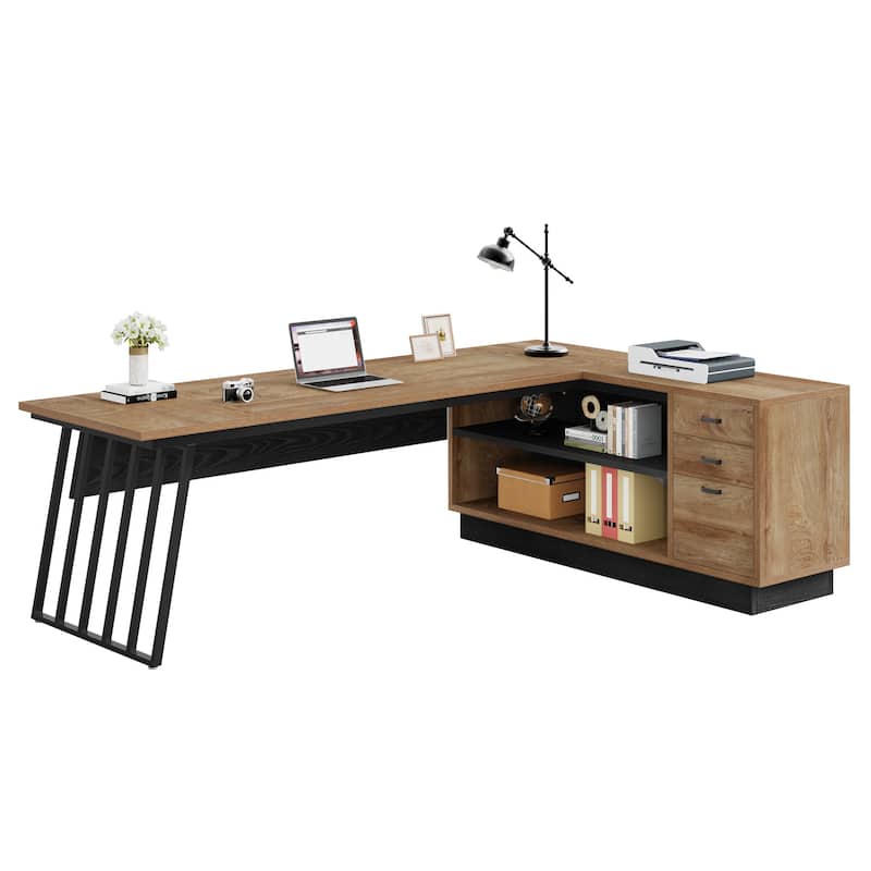 71 Inch Modern Executive Desk, L-Shaped Desk with Cabinet,Brown and White