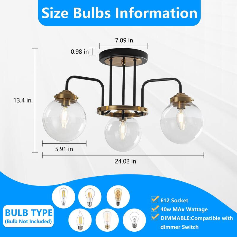 Modern 3-Light Black Gold Semi-Flush Mount Glass Ceiling Light - Matte Black