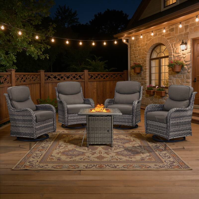 Meyreso 5-Piece Outdoor Patio Wicker Fire Pit 4 person Conversation Set with 5-Inch Thick Cushions - Gray Cushions - Gray Wicker