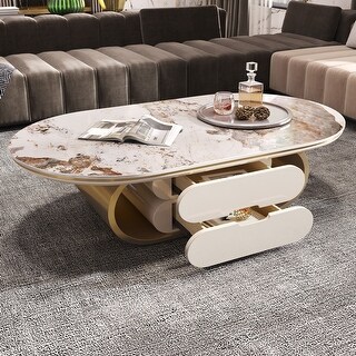 55.1"W Modern Oval Faux Marble Coffee Table with 2 Drawers - 55'1" x 31 ...