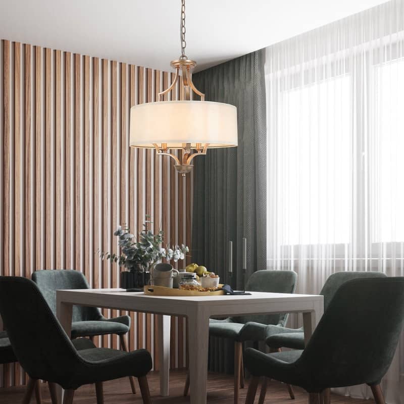 Mid-Century Modern 3-Light Drum Chandelier Fabric Lights for Dining Room - Deep Gold - 17" D x 20" H