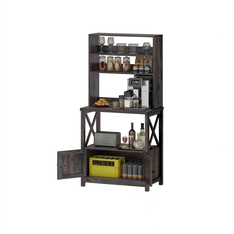 Baker's Rack Coffee Bar Cabinet Microwave Stand Rustic With Power Outlet