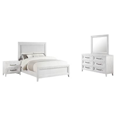 Leva 4pc Queen Bed Set with Dresser and Mirror, Distressed White