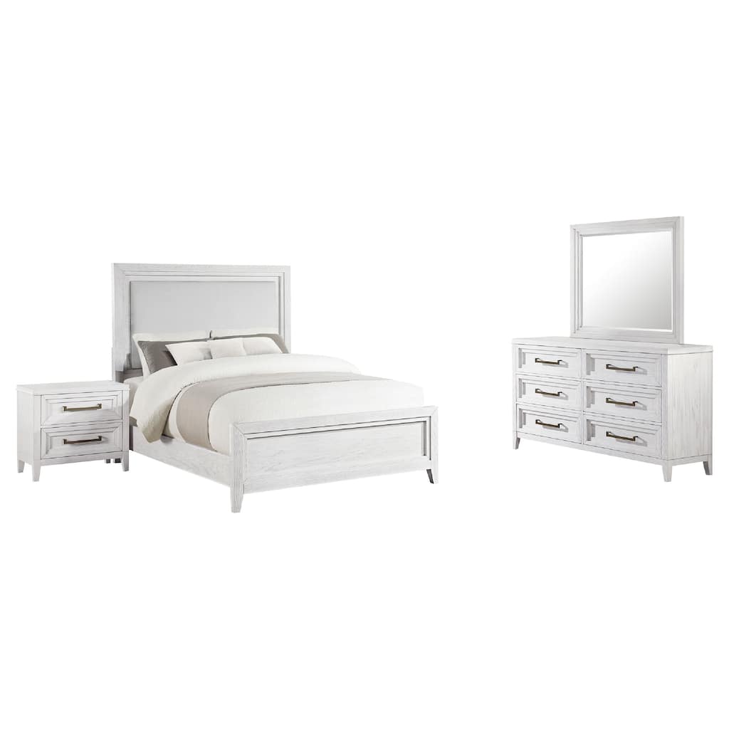 Leva 4pc Queen Bed Set with Dresser and Mirror, Distressed White