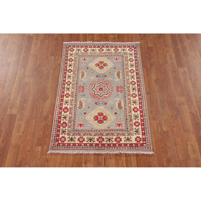 Gray Geometric Kazak Accent Rug Hand-Knotted Wool Carpet - 2'8" x 4'1"