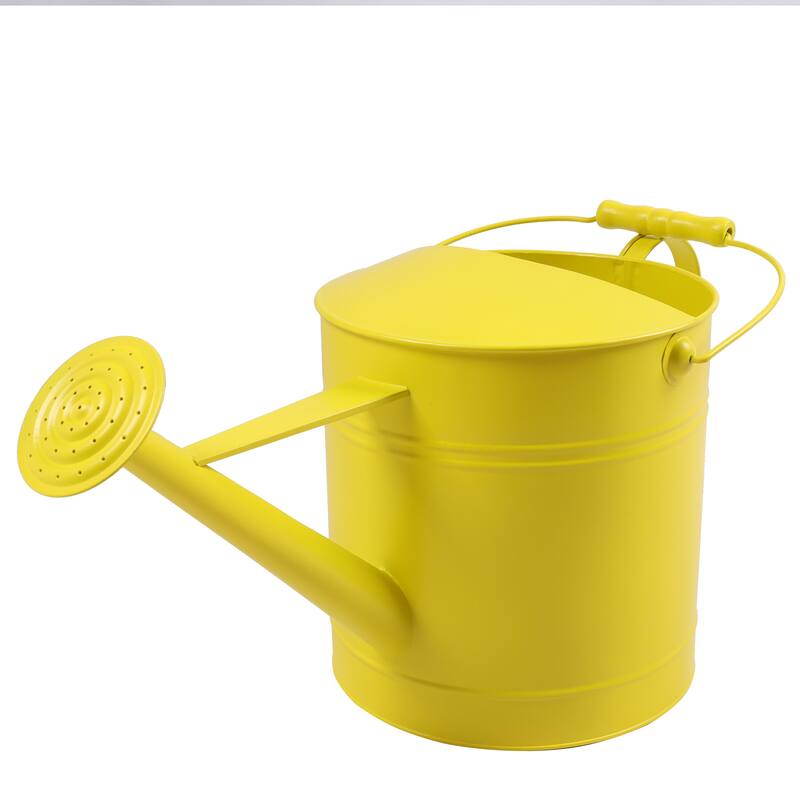 Metal and Wood Watering Can Long Spout Outdoor Garden Use - 10" Yellow - 20" x 9.5" x 10"
