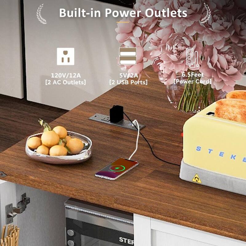 54.5" Kitchen Island with Power Outlet and Drop Leaf for Kitchen