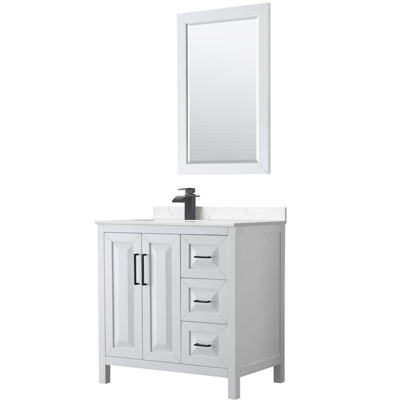 Daria 36-inch Single Vanity, Cultured Marble Top, 24-inch Mirror - White, Black Trim, Carrara Cultured Marble Top