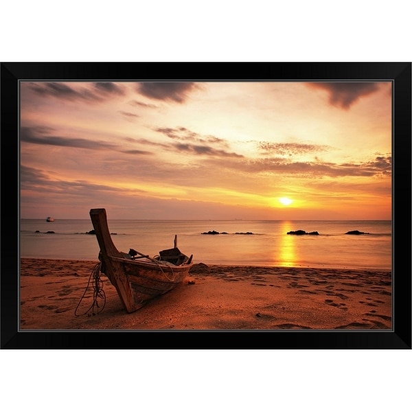 "Boat on beach at sunset on Koh Lanta, Thailand." Black Framed Print