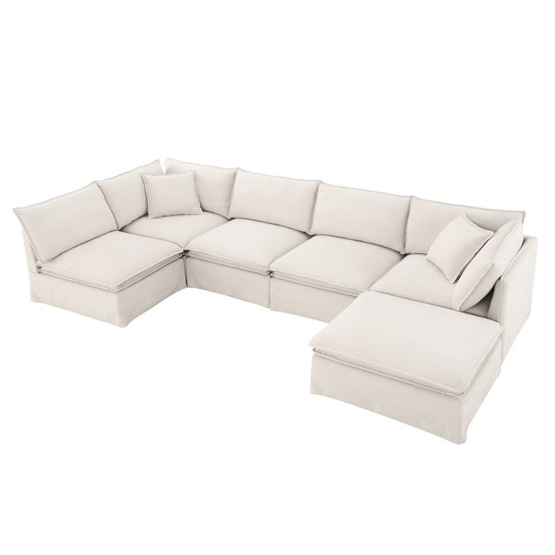 125.5" Chenille Modular 6-Seat Sectional Sofa with Movable Ottoman, Cloud Foam Cushions, and Free Combination Design