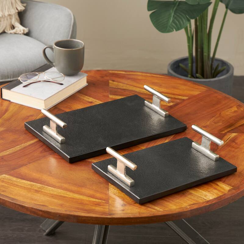 Black Marble Textured Living Room Decor Tray with Silver or Black Rod Handles (Set of 2) - Silver - 15", 12"W