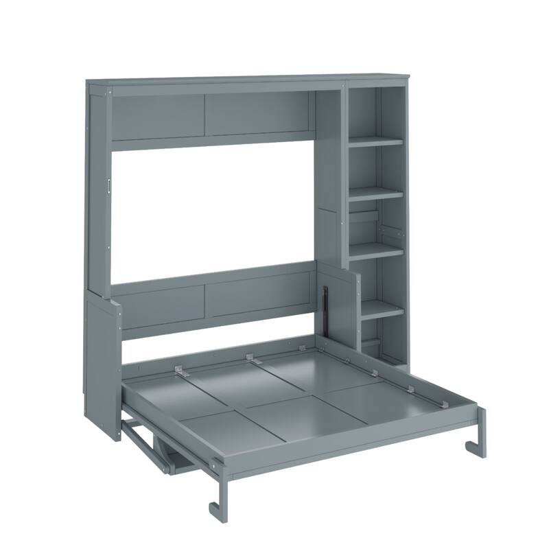 Space-Saving Full Size Murphy Bed with Built-in Desk and Bookshelves in Gray