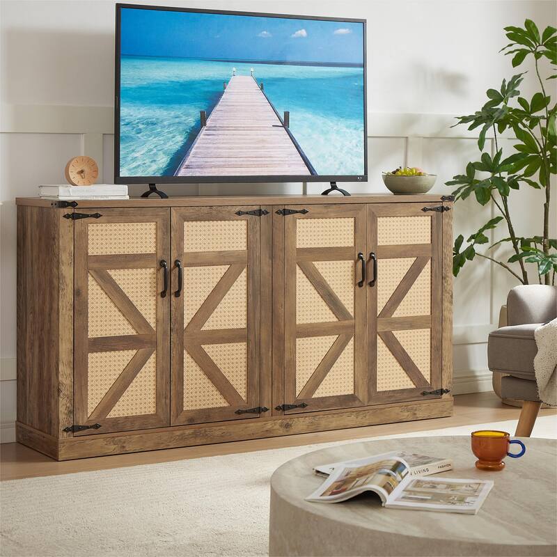 Rustic Faux Rattan Sideboard Adjustable Shelves Buffet Cabinet, Living Dining Room Accent Cabinet TV Cabinet Console Table, Oak