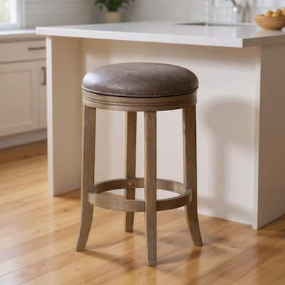 HomeRoots 26" Stone and Oak Faux Leather and Solid Wood Backless Counter Height Swivel Bar Chair