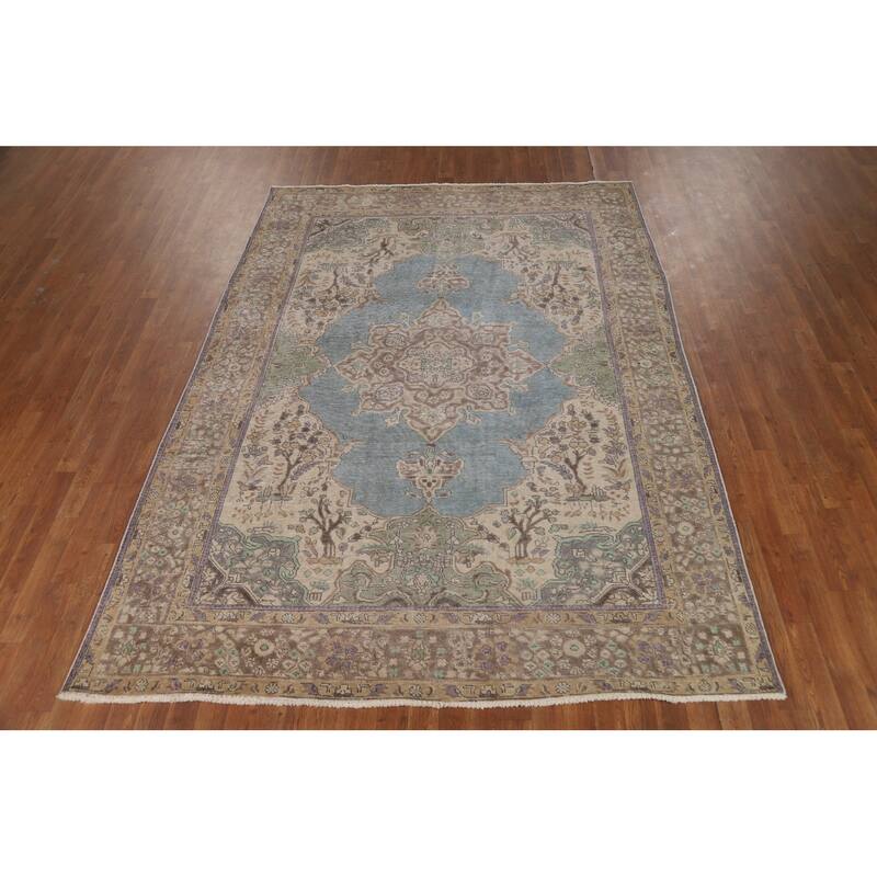 Hand Knotted Oriental 100% Wool Carpet Traditional Floral Navy Blue & Blues Tabriz Area Rug - 8' 11'' X 6' 7''