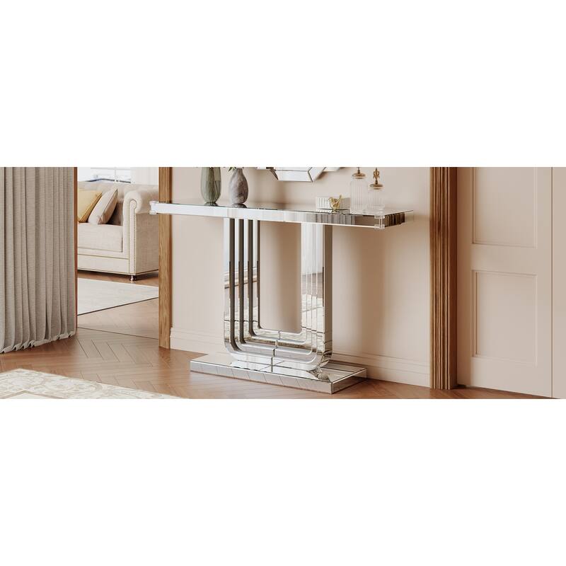 GDF Studio - Modern Silver Mirrored Console Table with U-Shaped Base