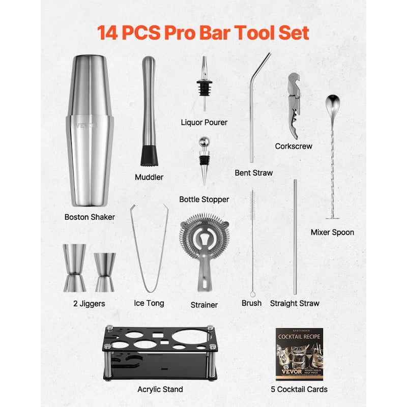 Stainless Steel Bartender Kit 14-Piece with Acrylic Stand & Shaker - 8.27 x 4.33 x 11.22 in