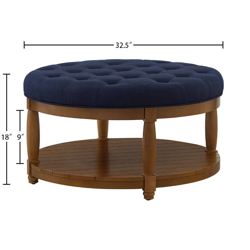 Large Round Tufted Linen Ottoman Coffee Table with Wood Shelf Storage - Navy Blue Hue