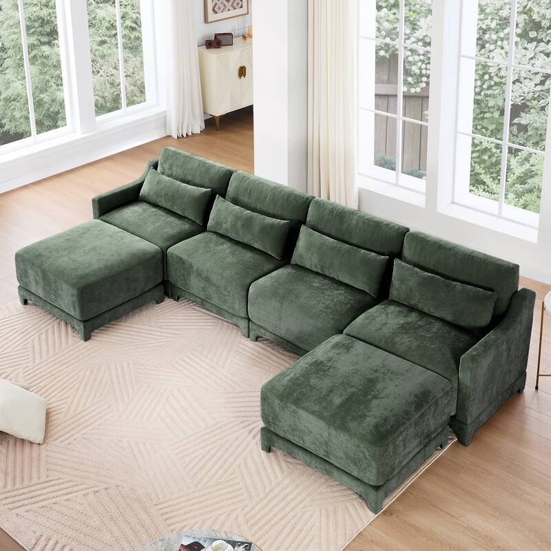 141.7" Chenille 4-Seater Sofa with Movable Ottoman & Solid Wood Frame
