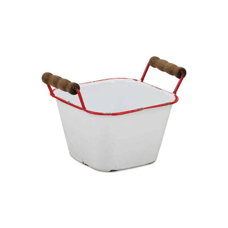White Metal Lacquered Finish Storage with Side Wood Handles and Black Rim - Red