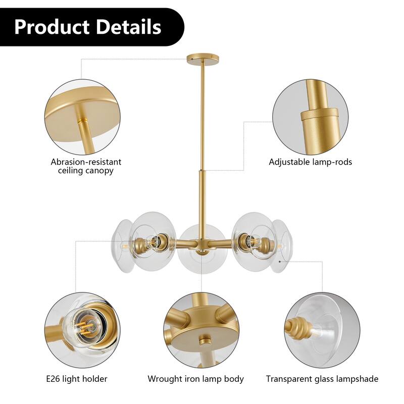 Mid-Century Chandelier, 5-Light Gold Chandelier with Clear Glass Shades, for Dining Room, Kitchen Island and Living Room