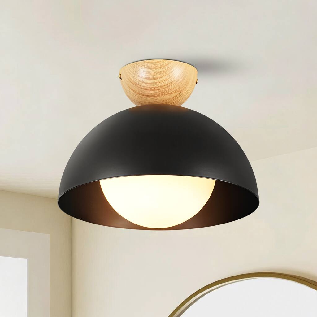 1-Light 11.8" Modern Farmhouse Black Semi-Flush Mount Ceiling Light - 11.8 in. W x 9.84 in. H