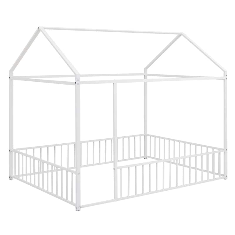 Full Size Metal House Bed Frame with Fence & Roof