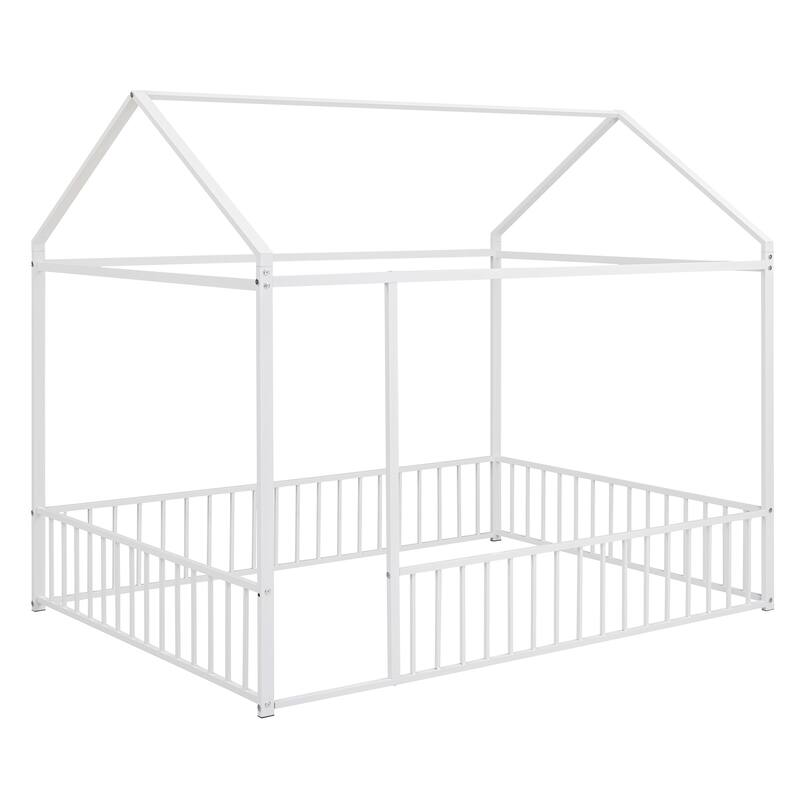 Metal Bed House Bed Frame with Fence, for Kids, Teens, Girls, Boys